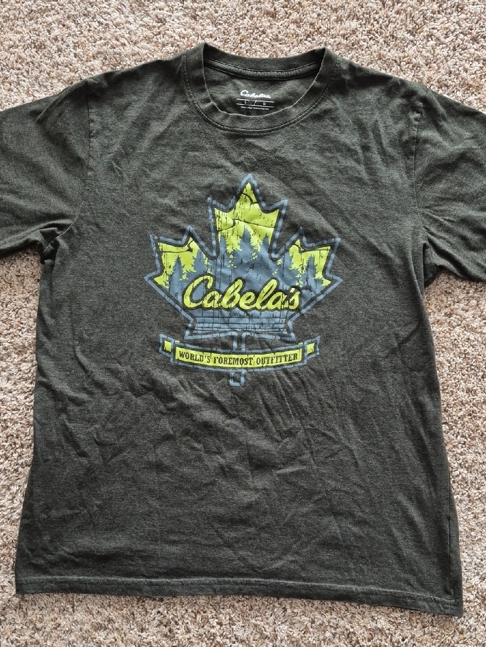 Cabela's Olive Green Tee with Yellow Graphic Maple Logo, Lg